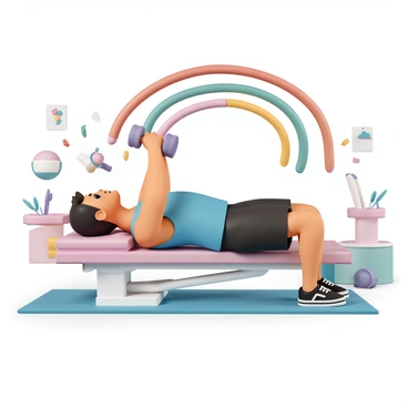 A person, wearing a blue tank top and black shorts, is lying on a workout bench, performing a chest press with both hands. The dumbbells they are lifting are arranged in a colorful arc above them, forming a "rainbow" with shades of red, orange, yellow, green, blue, and purple. The background features a bright and playful gym environment with fitness equipment scattered around, and vibrant posters on the walls. The person has a focused expression, showcasing determination as they press the weights upward.