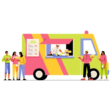 A colorful food truck with a vibrant exterior featuring stripes of red, yellow, and green. The truck has an open serving window displaying a menu board with various gourmet grilled cheese sandwich options written in playful, bold letters. There is a cheerful chef inside the truck flipping sandwiches on a grill, surrounded by fresh ingredients like tomatoes, avocados, and different types of cheese. A small crowd of excited people is gathered around the truck, some holding plates with delicious, melted grilled cheese sandwiches, while others are chatting and enjoying the event.