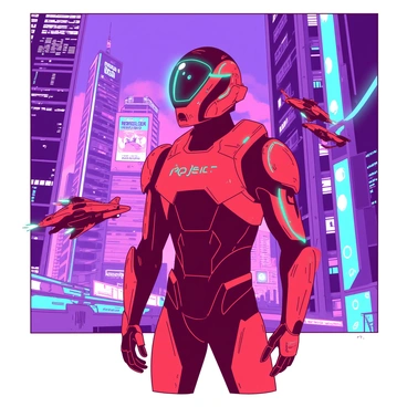A red PROJECT skin champion is standing confidently in a vibrant neon-lit cyber city. The champion is wearing sleek, high-tech armor that glows with teal highlights, showcasing advanced design elements. The background features towering skyscrapers adorned with bright lights and holographic advertisements. There are flying vehicles zipping through the air, adding to the bustling atmosphere of the city. The champion's posture is dynamic, indicating readiness for action as they gaze towards the horizon filled with neon colors.