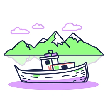 An old boat is anchored in still water, with its weathered wooden hull showing signs of age. The boat has peeling paint and rusted metal fixtures, giving it a rustic appearance. In the background, a majestic mountain range rises, featuring jagged peaks and slopes covered with greenery. The mountains cast reflections on the water's surface, creating a sense of depth. A few clouds drift in the sky above the mountains, softly framing the scene.