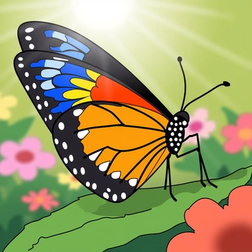 A large butterfly with its wings spread open, revealing an intricate pattern. The wings display a vibrant mix of colors, including bright blues, deep oranges, and vivid yellows. The butterfly's body is slender and black with small white spots. It is perched delicately on a green leaf, surrounded by a soft blur of a garden filled with colorful flowers in the background. Sunlight glistens on the wings, providing a sense of life and brightness to the scene.