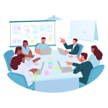 A group of diverse IT professionals is gathered around a conference table. The table is cluttered with colorful sticky notes and several open laptops. Each person is engaged in discussion, with one individual pointing at a sticky note while others listen attentively. The room is illuminated by soft overhead lighting, creating a warm atmosphere. In the background, a large whiteboard is filled with diagrams and notes, indicating an active brainstorming session.