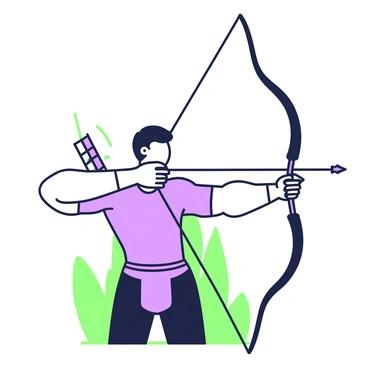 An archer stands with a strong stance, focusing intently as they pull back a bowstring. The archer has a determined expression, wearing a tight-fitting shirt and a quiver of arrows strapped to their back. The bow is made of polished wood, and the arrow is nocked, aimed at an unseen target. Force lines illustrate tension and potential energy, radiating from the bowstring and the archer's arms, emphasizing the buildup of strength in the moment before release. The background hints at a forest setting, with trees fading into soft outlines.