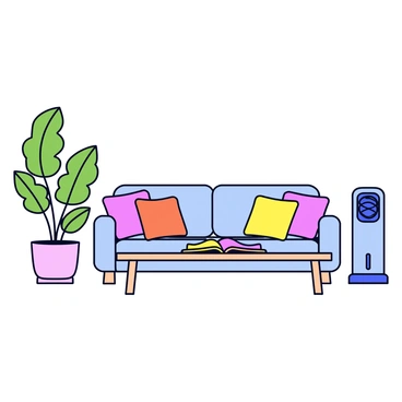 A cozy living room featuring a comfortable couch with soft cushions. Next to the couch is a tall houseplant with lush green leaves. An air purifier is positioned beside the houseplant, designed with a sleek modern look. In front of the couch is a coffee table made of light wood, on which sits an open book with a colorful cover. The lighting in the room is soft and warm, contributing to the inviting atmosphere.