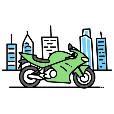 A green Kawasaki motorcycle is parked on a smooth surface. The motorcycle features a sleek design, showcasing its aerodynamic shape and distinct branding. In the background, there is a modern skyline filled with tall buildings made of glass and steel. The buildings vary in height and design, with some having angular shapes and others being more rounded. The sky above is clear, highlighting the contrast between the motorcycle and the urban landscape behind it.