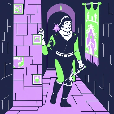 A cunning thief is sneaking through the dimly lit corridors of a castle. The thief is dressed in dark, fitted clothing that blends into the shadows. In their right hand, they hold a gleaming sword, its hilt intricately designed. The walls of the castle are made of stone, adorned with faded tapestries depicting knights in battle. Flickering torches cast soft light, creating a dramatic atmosphere. The thief is glancing over their shoulder, ensuring no one is following, while their other hand brushes against the cold, rough stone of the wall for support.