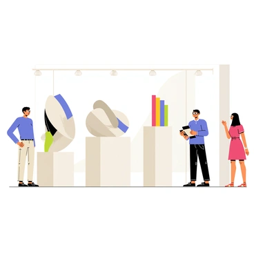 A contemporary gallery with white walls featuring various modern sculptures displayed on pedestals. Several art enthusiasts, including a man with glasses wearing a blue shirt and a woman in a red dress, are admiring the sculptures. One sculpture is a large, abstract piece made of shiny metal, while another is a colorful geometric structure. The floor is polished wood, and soft lighting highlights the sculptures, creating a vibrant atmosphere.