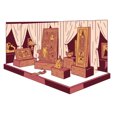 A collection of intricate sandalwood carvings is showcased in an exhibition. Each carving depicts a different scene from "Jagannath's life," capturing the essence of the narratives. The carvings are mounted on elegant display stands, allowing viewers to appreciate the fine details. The wood has a rich, warm color, emphasizing the intricate designs and textures of the carvings. Spotlights illuminate each piece, highlighting the craftsmanship and the stories they tell. Surrounding the exhibition are soft drapes that create a serene ambiance, drawing attention to the artworks.