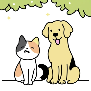 A calico cat with a mix of orange, black, and white fur, sits beside a friendly golden retriever dog with a shiny coat. They are positioned under a tree with green leaves, casting dappled sunlight onto the ground. The cat looks relaxed, with its tail curled around its body. The dog has its tongue out, displaying a cheerful demeanor. Both animals appear to be enjoying the warm, sunny day.