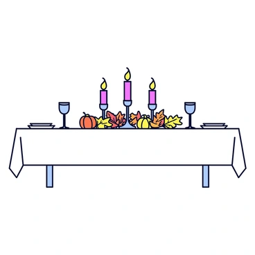 A rectangular dining table is adorned with a crisp white tablecloth. At the center, there are three tall candles in elegant holders casting a warm glow. Surrounding the candles are seasonal decorations, including small pumpkins and vibrant autumn leaves. Set around the table are neatly arranged plates, silverware, and glasses, all complementing the festive theme.