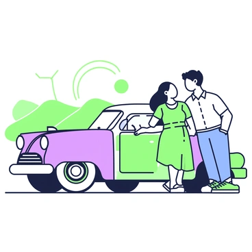 A couple is leaning against a vintage car parked at a scenic overlook. The man is wearing a casual button-up shirt and denim jeans, while the woman is in a flowing dress with short sleeves. They are positioned close together, smiling at each other, sharing a tender moment. The vintage car is a classic model with distinct features like rounded edges and chrome accents. In the background, a panoramic view of rolling hills and a clear sky complements the scene. The sun is setting, casting a warm glow on the couple and the car.