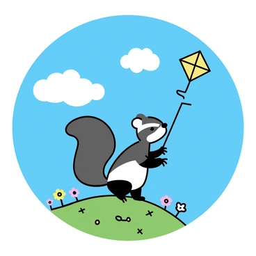 A skunk with a black and white striped fur is standing on a green hilltop. The skunk is holding a colorful kite with bright patterns, which is soaring high in the clear blue sky. The kite is fluttering in the gentle breeze. In the background, there are a few fluffy white clouds scattered across the sky. The hill is covered with patches of wildflowers in various colors, adding vibrancy to the scene.