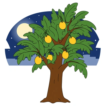 A tall mango tree with a thick trunk and lush green foliage stands prominently in the image. The tree's branches are heavy with ripe, yellow mangoes hanging from them. In the background, a large, round full moon is rising, illuminating the scene with a soft glow. The moon's light creates long, dramatic shadows extending from the tree across the ground. The sky is a deep blue with scattered stars, adding to the nighttime atmosphere. The area around the tree is clear, allowing the full moon to be the focal point alongside the mango tree.