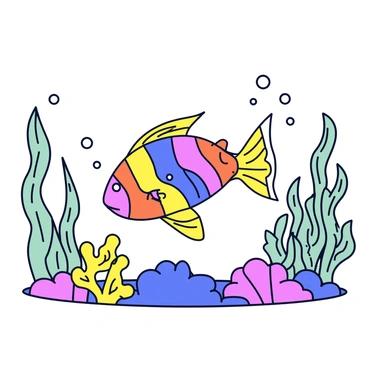 A colorful rainbow fish with vibrant scales is swimming gently through a lush underwater garden. The fish has elongated fins that create a flowing appearance as it moves. Surrounding the fish are swaying seaweed plants of various shades of green, some with delicate fronds that sway gracefully in the water. Brightly colored coral formations are visible in the background, adding to the lively underwater scene. Small bubbles rise from the seaweed, creating a sense of movement in the water.
