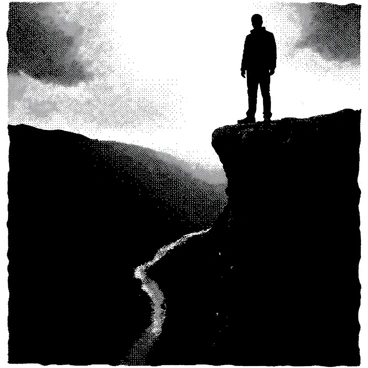 A shadowy figure is standing at the edge of a cliff. The figure is tall and slender, with indistinct features, blending into the darkness. Below, a dark valley stretches out, shrouded in deep shadows and obscured details. The cliff edge is jagged and rocky, adding a sense of danger to the scene. The sky above is filled with ominous clouds, adding to the overall atmosphere. The figure appears to be gazing down into the valley, creating a feeling of solitude and contemplation.