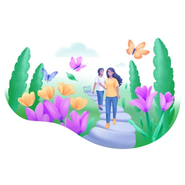 A vibrant garden filled with various blooming flowers in shades of pink, yellow, and purple. In the center, a pathway lined with smooth stones leads through the garden. Visitors are walking along the path, wearing casual clothing and smiling warmly. Surrounding them are several butterflies with colorful wings, fluttering gracefully about the flowers. Tall green bushes and the occasional tree provide a backdrop, enhancing the lushness of the scene.