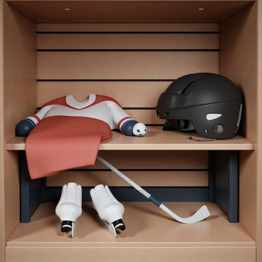 A complete set of hockey gear displayed neatly on a wooden bench in a locker room.