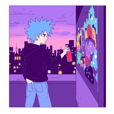 An anime character with spiky blue hair is spray-painting vibrant graffiti art on a tall city wall. The character is wearing a black hoodie and baggy jeans, with a focused expression while holding a red spray can. Colorful graffiti shapes and designs are emerging from the spray can, depicting abstract patterns and vivid characters. The background reveals a dusky skyline, with soft purple and orange hues blending in the sky, creating a dynamic atmosphere around the character and the wall. The glow of nearby streetlights adds a warm touch to the scene.