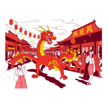 A vibrant Spring Festival parade takes place in Beijing, filled with colorful floats and enthusiastic crowds. A dragon dancer in a red dragon costume is performing acrobatics, with the dragon's bright scales shimmering under the sunlight. Surrounding the dancer, there are people wearing traditional attire, clapping and cheering. Multiple large floats decorated with orange flowers and intricate designs move down the street, showcasing the rich cultural heritage of the festival. Lanterns in various shapes are also visible, hanging above the parade route. The excitement of the festival is palpable, with the atmosphere buzzing from the sounds of drums and festive music.