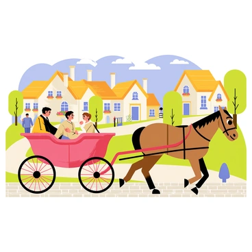 A horse-drawn carriage with a shiny wooden exterior is pulled by a brown horse trotting along a cobblestone path. Inside the carriage, a couple sits, smiling at each other, dressed in vintage attire. The village features charming thatched-roof cottages with colorful flower boxes under the windows, and there's a winding dirt road lined with green trees. A few villagers can be seen in the background, waving at the couple as they pass by, and a blue sky with fluffy white clouds creates a pleasant atmosphere overhead.