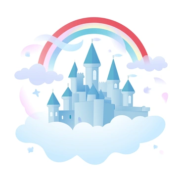 A grand castle built from sparkling crystals is situated among fluffy white clouds. The castle has tall, pointed towers and flowing banners that flutter in the gentle breeze. A vibrant rainbow arches gracefully across the sky, its colors blending seamlessly from rich red to deep violet. Below the castle, soft, ethereal clouds create a dreamy landscape, while small, twinkling stars are scattered throughout the background, enhancing the magical atmosphere.