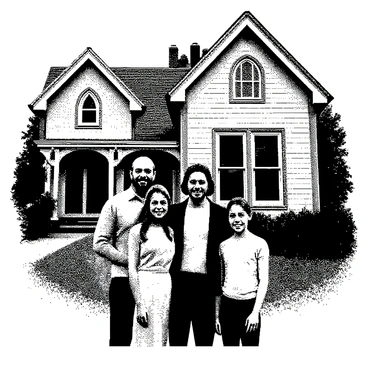 A family is gathered together for a vintage portrait. They are standing in front of a charming old house with intricate details on its facade. The family consists of four members: a father with a neatly groomed beard, a mother with long hair styled in loose waves, a young girl with curly hair, and a teenage boy with short hair. Each family member is dressed in vintage clothing, reflecting styles from earlier decades. The setting includes a well-kept garden around the house, with flowers in bloom and lush greenery. The family members are smiling and positioned closely together, showcasing a sense of togetherness and joy.