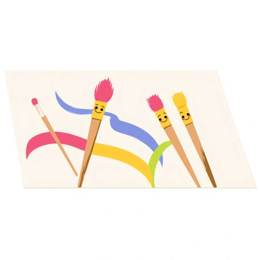 A set of colorful paintbrushes with varying sizes is positioned on a white canvas. Each paintbrush is depicted mid-movement, with bristles splayed open as if dancing. Vibrant trails of color, including red, blue, yellow, and green, swirl gracefully behind them, illustrating their paths across the canvas. The paintbrushes have a whimsical quality, with smiles on their wooden handles, emphasizing their lively ballet performance. The canvas beneath them is mostly blank, accentuating the dynamic movement of the paintbrushes and their colorful trails.