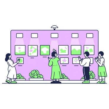 A gallery wall featuring a side-by-side comparison of different illustration styles. Each section of the wall displays a framed artwork, with a variety of subjects including landscapes, portraits, and abstract designs. The frames are neatly arranged, with labels underneath each piece indicating the style. The wall itself is adorned with small decorative elements such as potted plants at the base and a spotlight above to illuminate the artworks. Visitors can be seen observing the illustrations, some taking notes while others discuss their impressions.