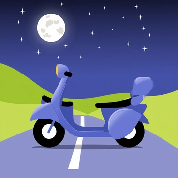 An electric moped on a quiet road under a full moon and starry sky