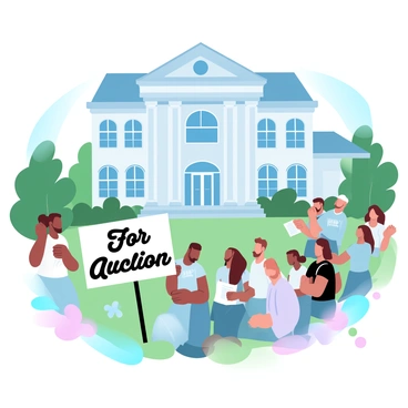 A stately home with a classic architectural design stands prominently in the center. The house features large windows, elegant columns, and a grand entrance. In front of the house, a bold "For Auction" sign is planted in the well-manicured lawn. A diverse group of interested buyers is gathered around, examining the property. Some individuals are holding pamphlets, while others are taking notes. Lush greenery and colorful flowers frame the scene, enhancing the inviting atmosphere around the stately home.