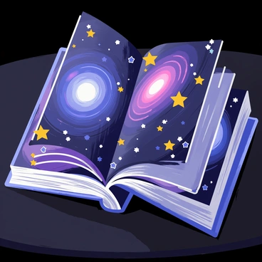 A thick, open book positioned on a dark wooden table. The pages of the book are filled with vibrant illustrations of swirling galaxies, including shades of blue, purple, and pink. Numerous bright stars are scattered throughout the pages, twinkling against the deep backdrop of space. The book's cover is a deep navy blue with silver accents, and the edges of the pages are slightly worn, giving it an aged appearance.