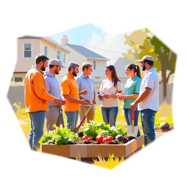 A group of diverse neighbors stands together in a sunny outdoor setting, discussing the details of a community garden project. They are engaged in conversation, with some holding gardening tools like shovels and trowels. A mixture of vegetables and flowers are visible in the background, suggesting the potential of the garden. There are smiles and nods among the group, reflecting a sense of collaboration and excitement. The scene is set in a residential neighborhood, with houses and trees in the distance.
