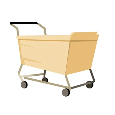 A vintage-style shopping cart with a rectangular wooden base and sturdy sides. The cart features metal wheels that are shiny and round, positioned at each corner for stability. The wood has a polished finish that highlights its grain, while the metal accents have a slightly rusted look, adding to the vintage charm. The handle is curved and made of a darker wood, contrasting with the lighter wood of the cart. The cart is empty, standing against a simple backdrop to emphasize its classic design.