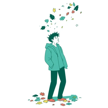 A white person standing on a street on a windy day. The person is wearing a teal jacket and has short windblown hair. Leaves of various sizes are swirling around them, caught in the gusts of wind. The expression on their face shows surprise and distraction as they gaze upwards at the leaves. The ground is covered in scattered autumn leaves, creating a colorful carpet beneath their feet.
