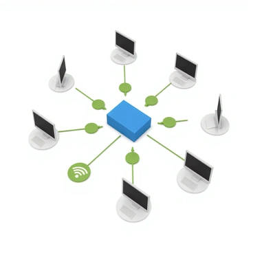 A simple network diagram featuring various devices interconnected by lines. The diagram includes a central server represented as a rectangular shape, surrounded by several client computers depicted as desktop monitors. There are also wireless access points illustrated as circular icons. Lines connect each device to the server, indicating network connections. The devices vary in color, with the server in blue, the client computers in gray, and the access points in green. The layout is clean and structured, emphasizing the relationships between the different network elements.