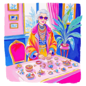 Iris Apfel is standing in an elegantly decorated room filled with vintage furniture and exquisite decor. She is wearing a vibrant outfit that includes bold patterns and bright colors, complemented by large statement accessories. Around her neck, multiple layers of vintage necklaces are displayed prominently, showcasing an array of intricate designs and textures. Her wrists are adorned with numerous bangles that jingle softly. The table in front of her is elegantly set up with various pieces of vintage jewelry, including rings, brooches, and earrings, all arranged neatly on delicate fabric. The background features ornate picture frames and lush plants that add to the sophisticated ambiance.