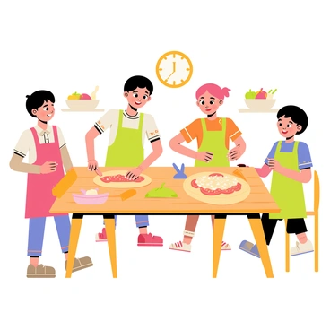 A group of four children, two boys and two girls, are gathered around a wooden kitchen table. They are wearing colorful aprons, each with different patterns. One child is rolling out dough with a wooden rolling pin, while another is spreading tomato sauce on a flat pizza base. The third child is sprinkling cheese over the sauce, and the fourth is adding toppings, such as pepperoni and bell peppers. In the background, there are bowls filled with various ingredients, and a wall-mounted clock shows it is 3 PM. The children are smiling and interacting, showing excitement as they create their pizzas together.