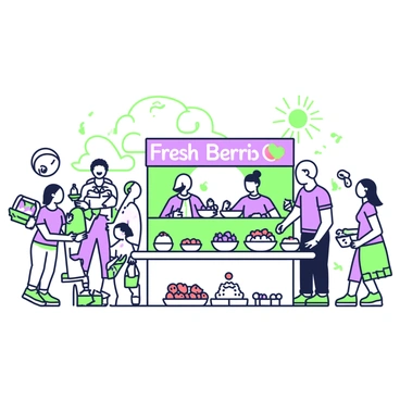 A group of festival goers is gathered in an open area, engaging with various berry-themed activities. In the center, there is a large, vibrant booth decorated with green and purple banners showcasing "Fresh Berries" in bold letters. People are sampling different berry treats at a long table filled with bowls of strawberries, blueberries, and raspberries. On one side, a family is participating in a berry-picking contest, with baskets in hand, laughing as they compete. In the background, children are playing games, while a musician performs with a guitar, creating a joyful atmosphere. The sun is shining, adding warmth to the festive scene.