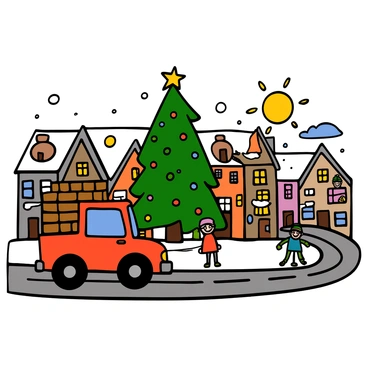 A truck with a bright red body and shiny chrome details is driving past a quaint village square. The square is filled with cobblestone streets and charming, small houses with festive decorations. In the center of the square stands a giant Christmas tree adorned with colorful lights and glittering ornaments. Snow covers the ground, and a few villagers can be seen in winter clothing, smiling as they enjoy the holiday atmosphere. The sky is clear with the warm glow of a setting sun casting a golden hue over the scene.