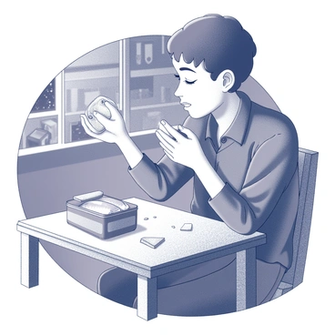 A person seated at a small wooden table, holding a slice of bread in one hand and reaching for an open tin of fish with the other. The tin is slightly rusted, and its lid is propped open. The individual has a focused expression, with crumbs scattered on the table’s surface. A dim light source casts soft shadows, highlighting the textures of the bread and the fish inside the tin. The background is blurred, but hints of a cozy kitchen can be seen, with the outline of shelves and a window showing a dark, starry sky outside.