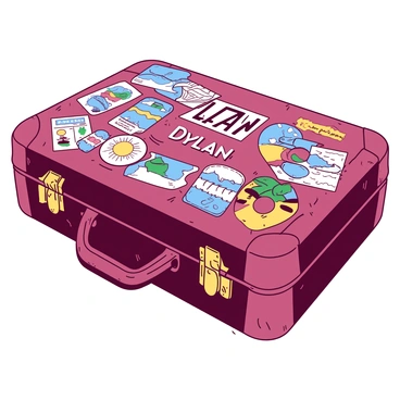 A close-up of a weathered guitar case is displayed, featuring an array of colorful travel stickers from various cities and countries. The stickers show landmarks and symbols representing different cultures. Prominently placed on the case is the name "Bob Dylan" in bold lettering, surrounded by scratches and scuffs that tell the story of many journeys. The case is resting on a textured surface, with hints of soft light reflecting off its edges, emphasizing its well-traveled appearance.