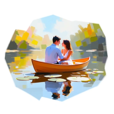 A couple is sitting close together in a small wooden boat drifting gently on a calm lake. The man has short dark hair and is wearing a light blue shirt, while the woman has long flowing hair and is dressed in a white sundress. They are sharing a tender moment, gazing into each other’s eyes. The surface of the lake reflects the surrounding lush green trees and a clear blue sky, creating a peaceful atmosphere. There are a few water lilies floating nearby, adding to the charm of the scene.