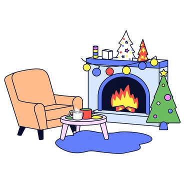 A cozy living room featuring a crackling fireplace with bright orange flames glowing inside. There is a soft, plush armchair in a warm beige color positioned near the fireplace. Holiday decorations adorn the room, including a string of colorful lights draped along the mantle and a small Christmas tree with shiny ornaments and a star on top. A fluffy rug lies on the wooden floor, and a coffee table is placed in front of the armchair, showcasing festive holiday-themed coasters and a steaming mug.