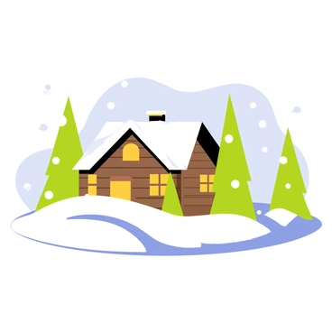 A snowy landscape featuring a cozy cabin with a thatched roof made of dark brown wood. The cabin has warm yellow light glowing from its windows. Surrounding the cabin are tall green pine trees dusted with white snow. The ground is blanketed in thick snow, with a few small snowdrifts forming around the trees. A clear blue sky contrasts with the white snow, and delicate snowflakes are gently falling.