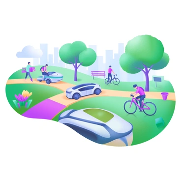 A modern pastel illustration of a park scene filled with "self-driving cars" and "bicycles" moving smoothly along designated "paths." The park features lush green grass and vibrant flower beds, creating a colorful landscape. Trees provide shade throughout the area, and a few benches are placed along the paths. People are walking leisurely, some engaging in activities like jogging or reading on the benches. The self-driving cars are sleek and futuristic in design, while the bicycles are assorted in colors, with riders enjoying their rides. Bright blue sky completes the atmosphere of the park.