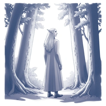 A tall figure stands among the trees, with a focus on their expression of concentration. The character, Thingol, has long hair and pointed ears, indicating their ethereal nature. Surrounding them are towering ancient trees with intricate bark patterns and lush foliage, creating a dense forest atmosphere. Light filters through the leaves, casting shadows on the forest floor, which is covered in a mixture of leaves and small plants. The figure's posture is relaxed yet attentive, as if they are absorbing every sound and whisper that the forest has to offer.