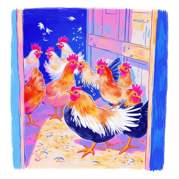 A group of chickens is inside a wooden coop. They are squawking loudly, with their beaks open. Some of the chickens are flapping their wings energetically, causing feathers to scatter in the air. The chickens have various colors, including brown, white, and black. The coop contains straw scattered on the floor, and there are wooden perches for the chickens to stand on. The atmosphere appears lively as the chickens move around restlessly.