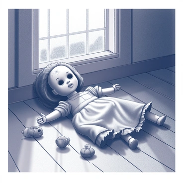 A broken doll lies on the wooden floor of a dusty attic. The doll has a cracked porcelain face with one eye missing, giving it a haunting appearance. Its tattered dress, once vibrant, is now faded and frayed at the edges. Surrounding the doll are cobwebs and a few scattered toys, hinting at a long-abandoned childhood. Rays of light filter through a small, dusty window, casting shadows across the scene. The atmosphere feels heavy with nostalgia and the passage of time, emphasizing the theme of lost childhood innocence.