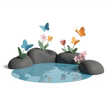 A variety of colorful butterflies, showcasing bright shades of blue, yellow, orange, and red, flutter gracefully around a natural rock pool. The rock pool is surrounded by smooth, dark stones and lush green foliage, which creates a vibrant contrast. The butterflies are captured mid-air, with some hovering close to the water's edge, while others flit amongst the nearby flowers. The sunlight glimmers on the surface of the water, reflecting the surrounding colors and adding a lively atmosphere to the scene.