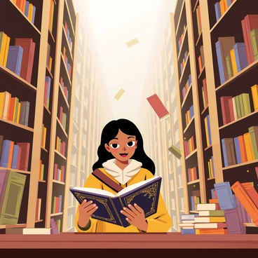 Nico Robin, a character with long black hair and wearing a stylish outfit, is sitting at a wooden table in a vast library. She is intently reading an ancient book, which has ornate designs on its cover. The library is filled with towering bookshelves that stretch toward the ceiling, and many books are floating around in the air, giving a magical atmosphere. Soft, glowing light illuminates the space, highlighting dust particles floating in the air.